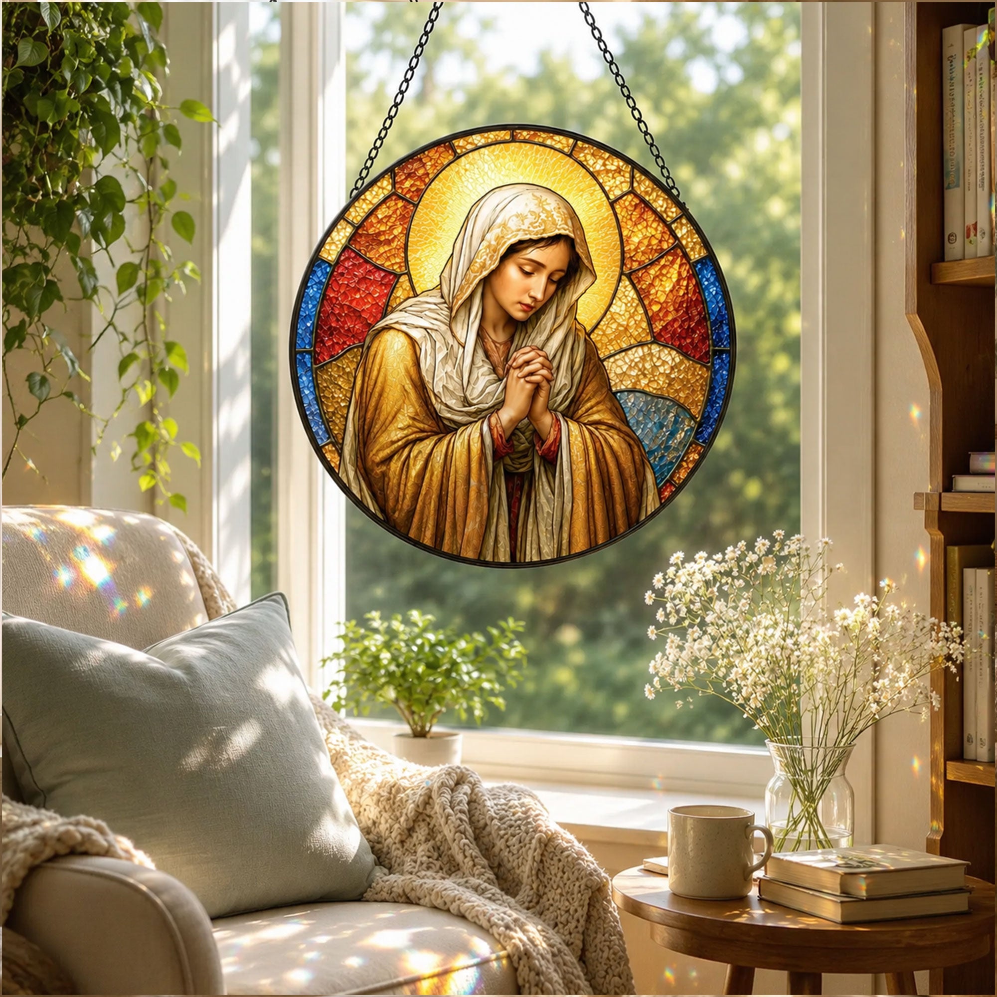 Virgin Mary Praying Suncatcher, Catholic Window Hanging, Christian Faith Gift for Women