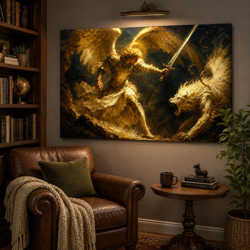 Saint Michael Defeating Dragon Canvas Print, Catholic Angel Wall Art, Faith Home Decor