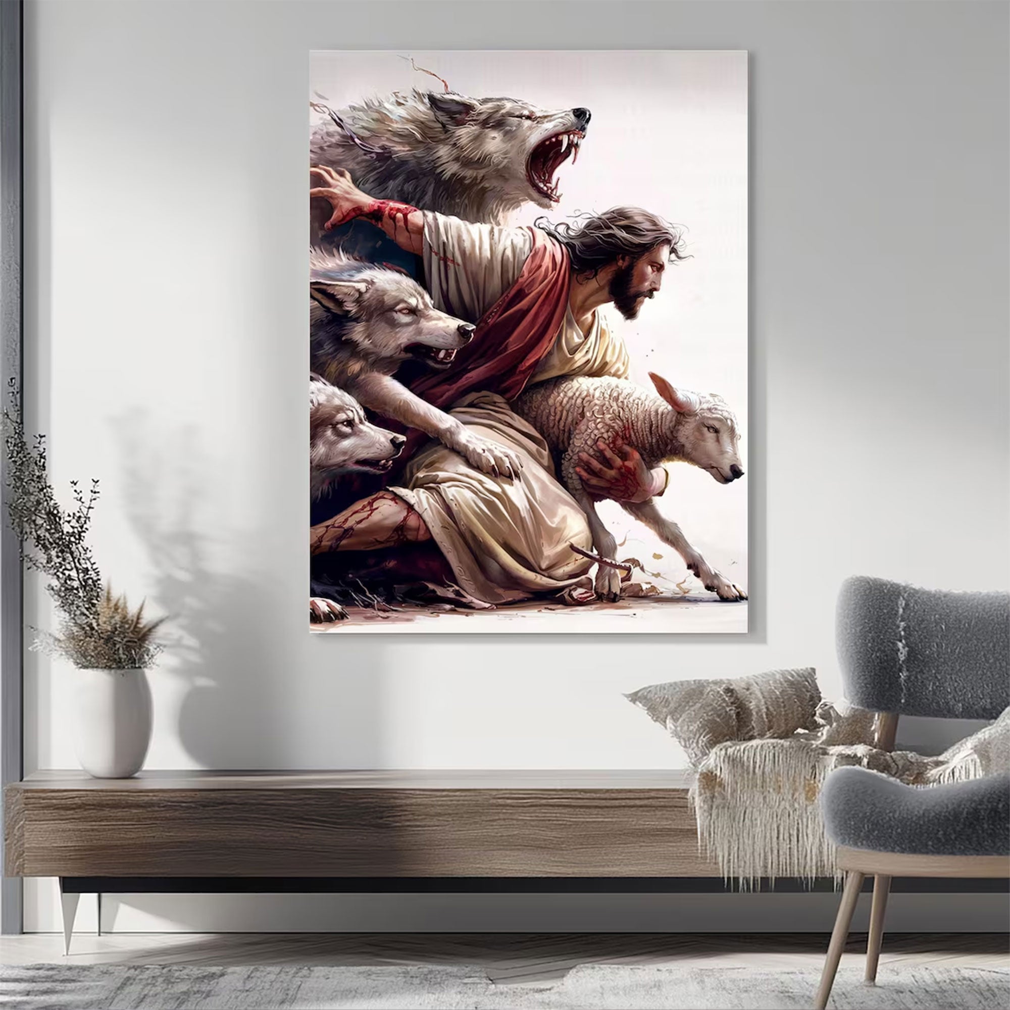 Jesus Good Shepherd Canvas Print, Christian Wall Art, Jesus Protecting Lamb, Religious DecorJesus Good Shepherd Canvas Print, Christian Wall Art, Jesus Protecting Lamb, Religious Decor