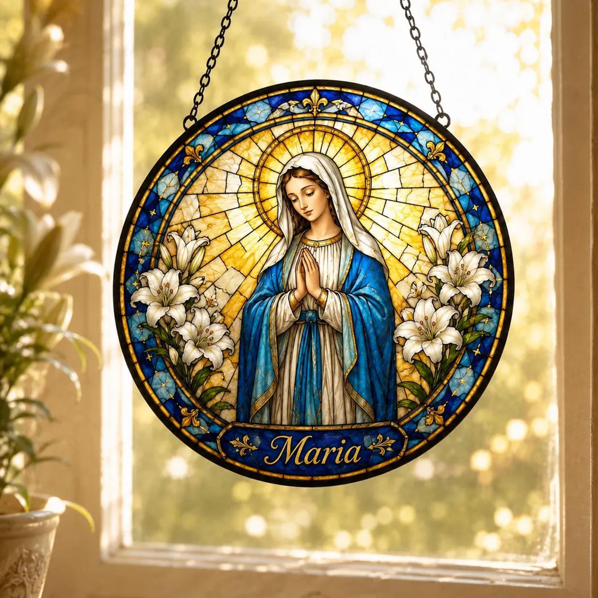 Virgin Mary with White Lilies Suncatcher, Catholic Window Hanging, Religious Gift for Women