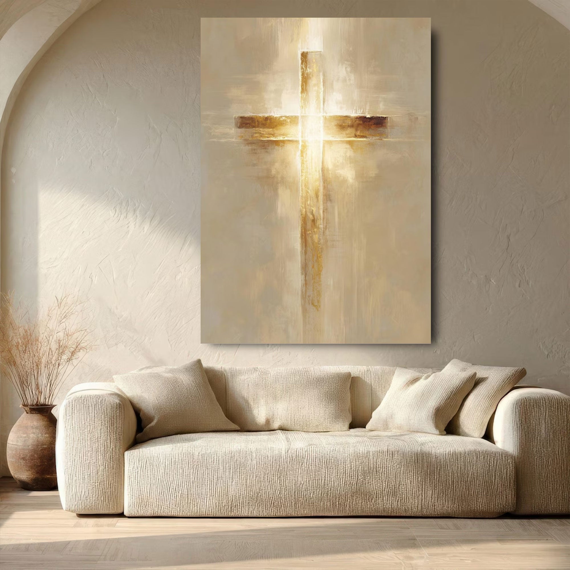 Golden Glow Cross Canvas Print, Abstract Christian Wall Art, Symbol of Faith and Divine Light, Modern Religious Decor, Inspirational Spiritual Gift