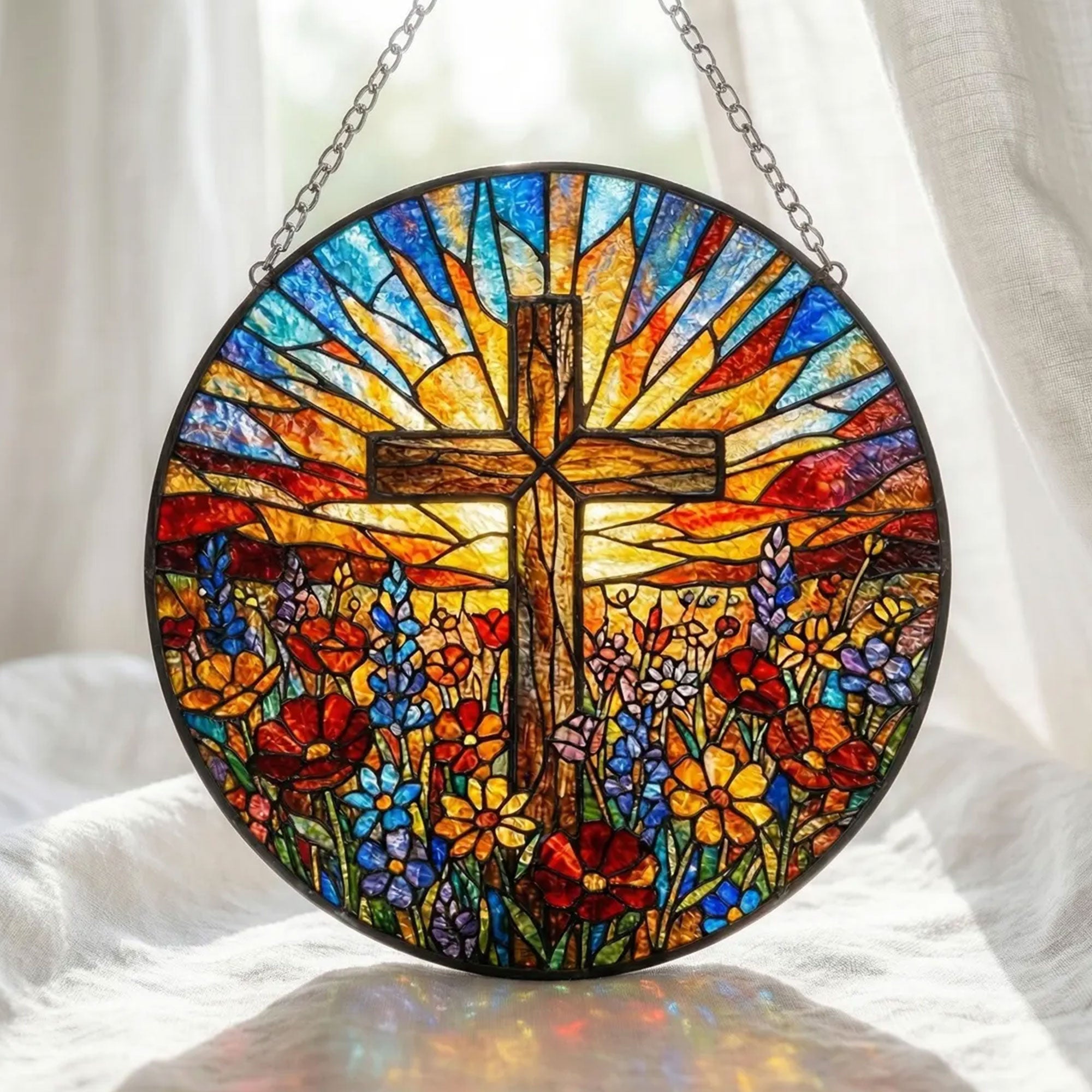 Stained Glass Cross Suncatcher, Christian Window Hanging Decor, Faith Gift, Religious Home Ornament