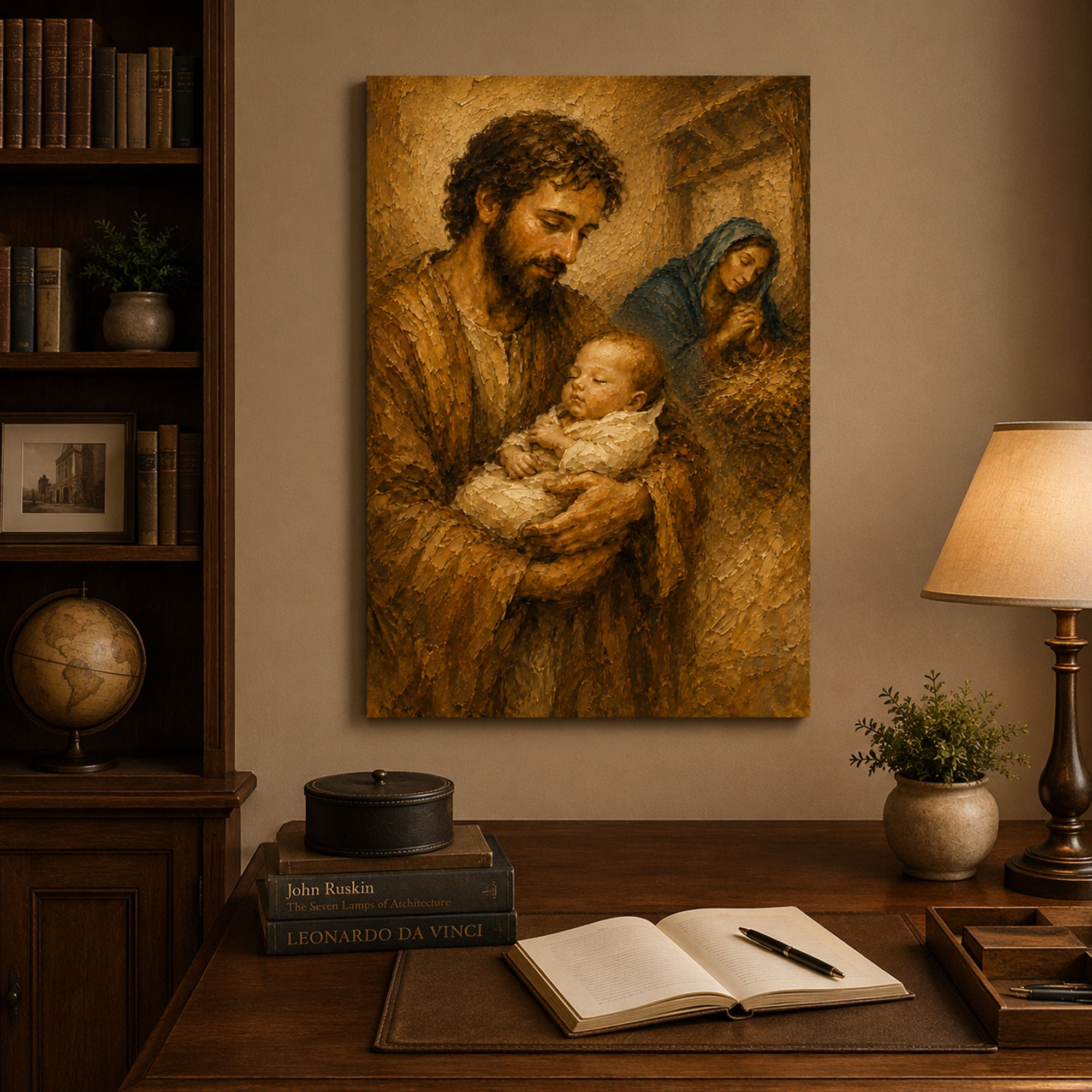 St. Joseph Holding Sleeping Baby Jesus Canvas Print, Holy Family Catholic Wall Art, Christian Family Home Decor