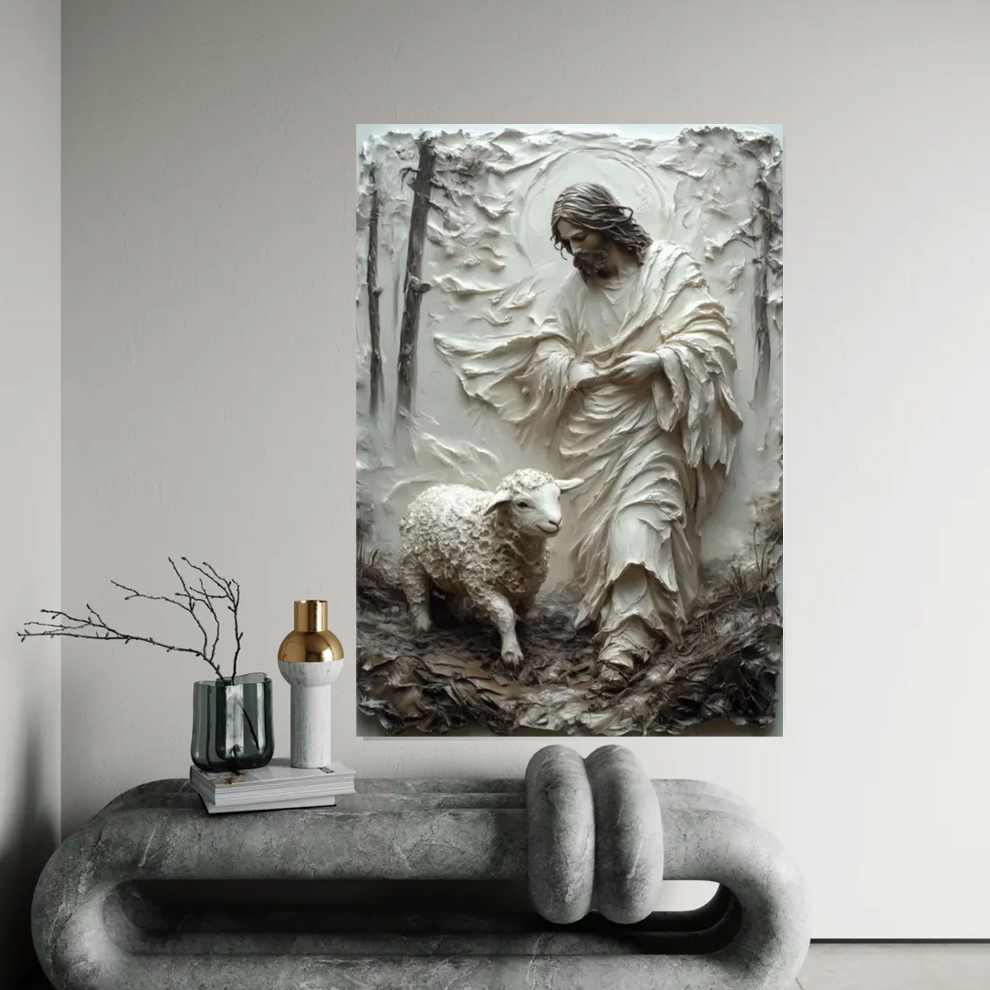 Good Shepherd Canvas Print, 3D Impasto Jesus with Lamb Wall Art, Earthy Neutral Christian Decor, Inspirational Faith Gift, Religious Home Artwork