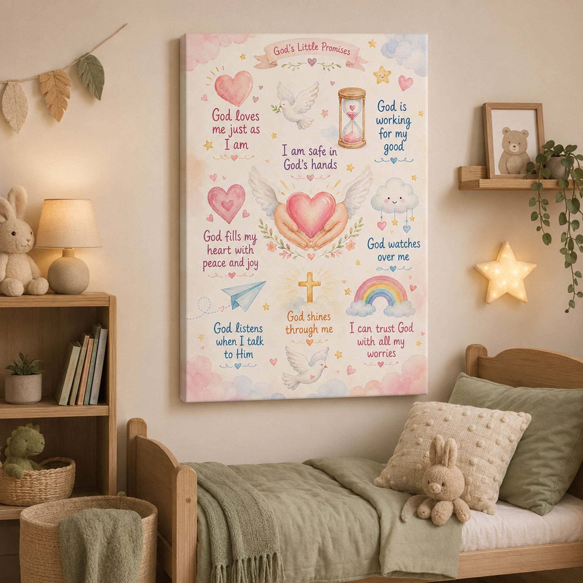 God’s Little Promises Christian Kids Wall Art Pastel Watercolor Nursery Faith Affirmation Canvas Print