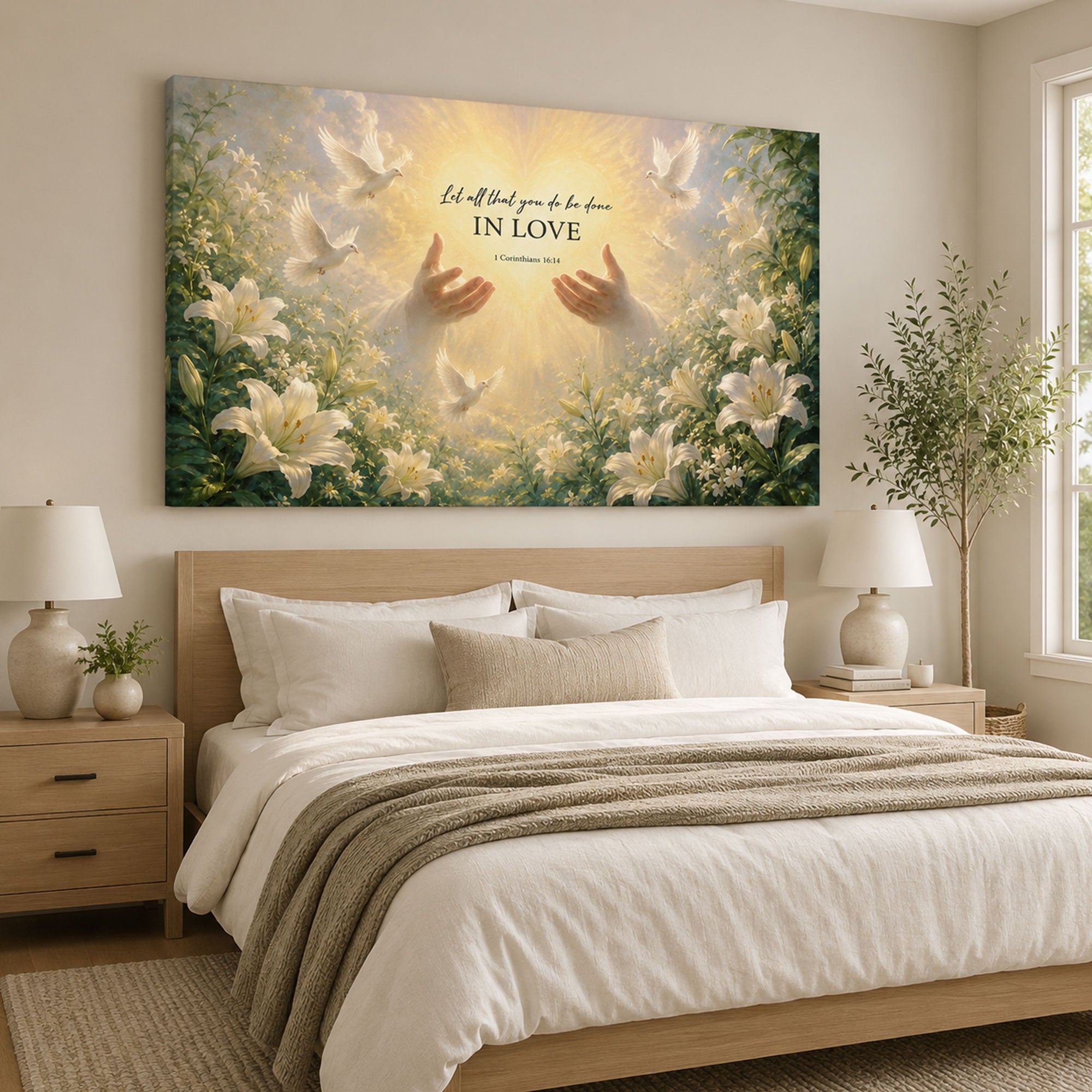 1 Corinthians 16:14 Canvas Print, Let All That You Do Be Done In Love Christian Wall Art, Dove and Lily Faith Decor