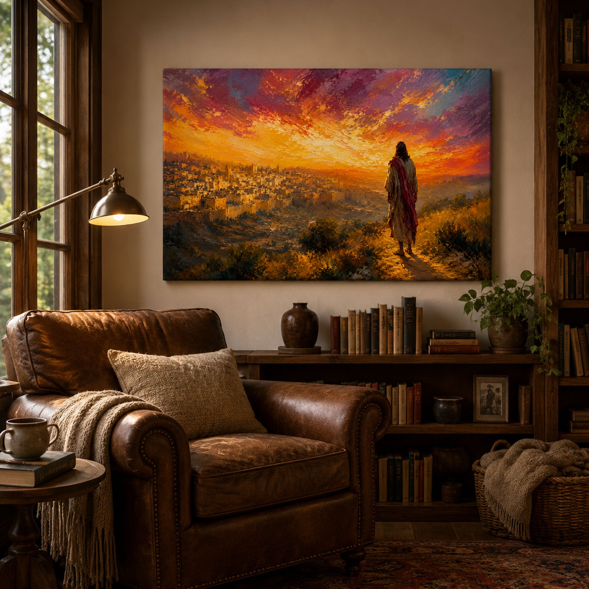Jesus Over Jerusalem Canvas Print, Christian Wall Art, Holy City Sunset Faith Home Decor