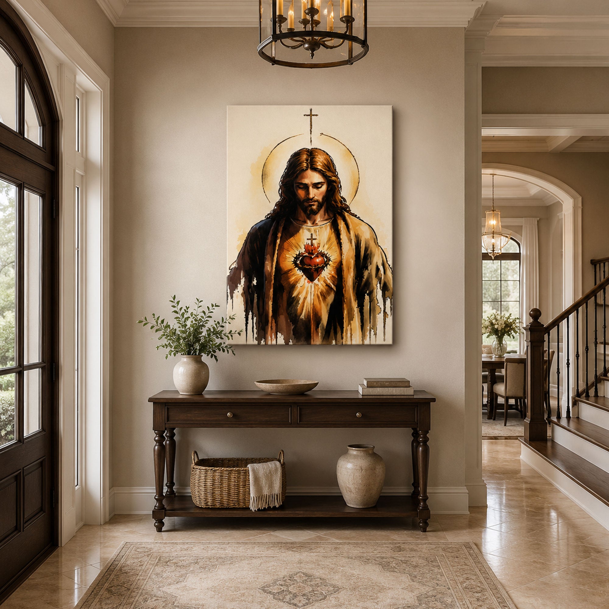 Sacred Heart of Jesus Canvas Print, Watercolor Christian Wall Art, Catholic Faith Home Decor Gift