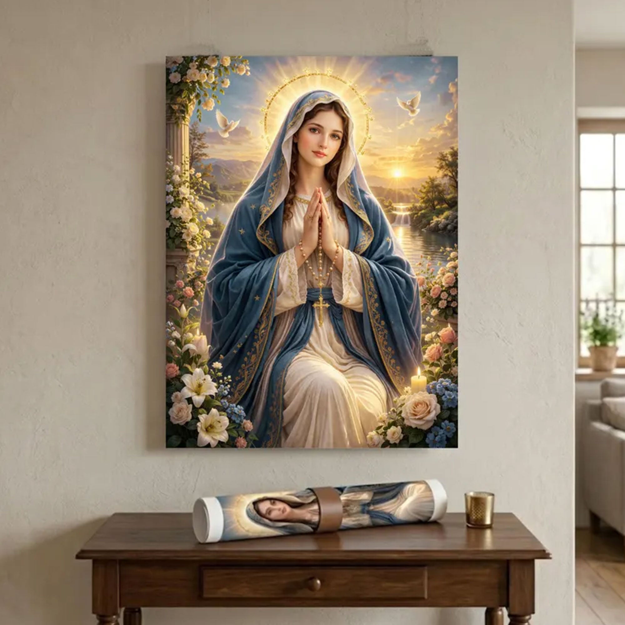 Virgin Mary Prayer Wall Art, Blessed Mother Canvas Print, Catholic Religious Decor, Christian Faith Artwork, Spiritual Home Gift