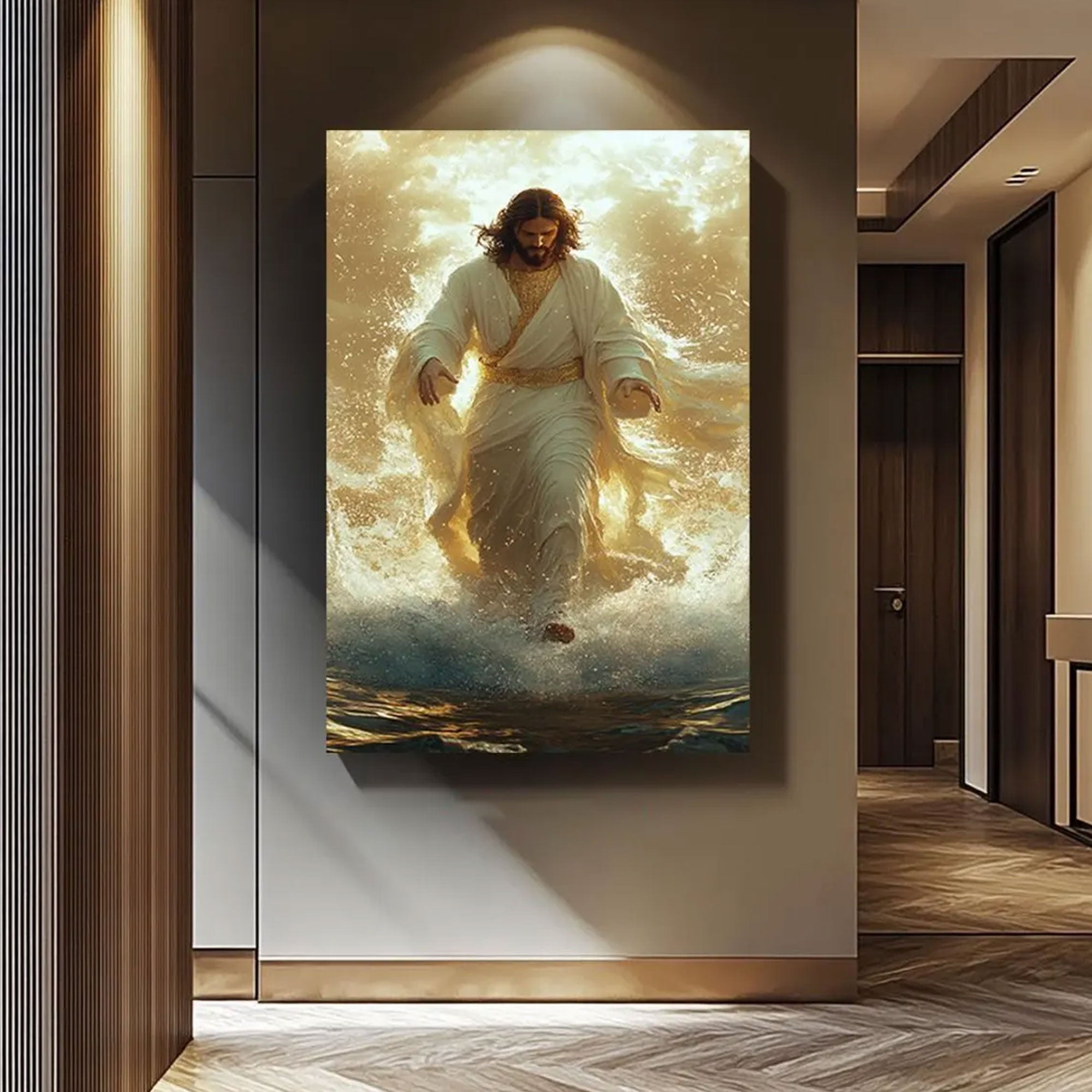 Jesus Walking on Water Canvas Print, Christian Wall Art, Divine Light Faith Decor, Inspirational Religious Gift for Home