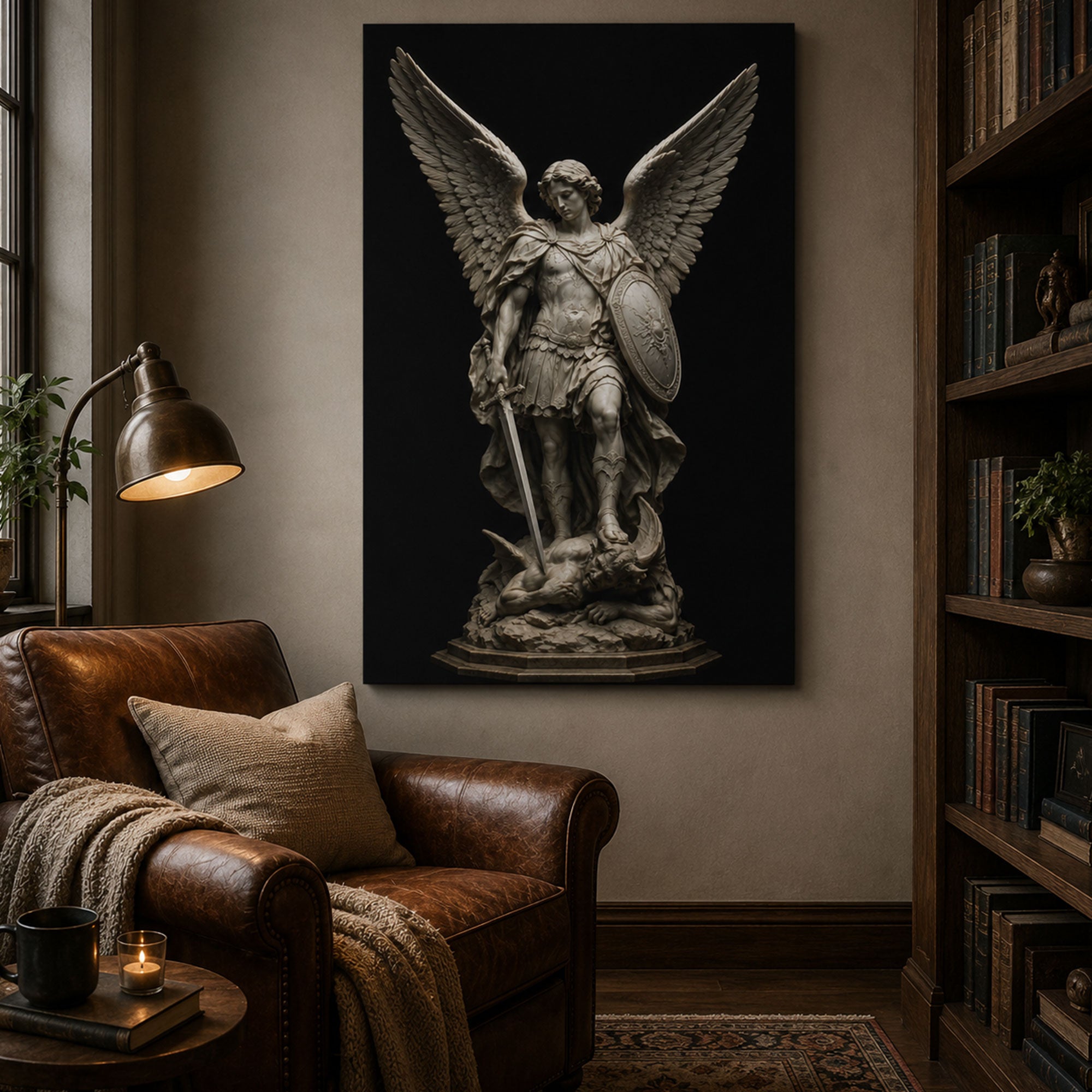 Saint Michael Archangel Statue Canvas Print, Catholic Angel Wall Art, Faith Home Decor Gift