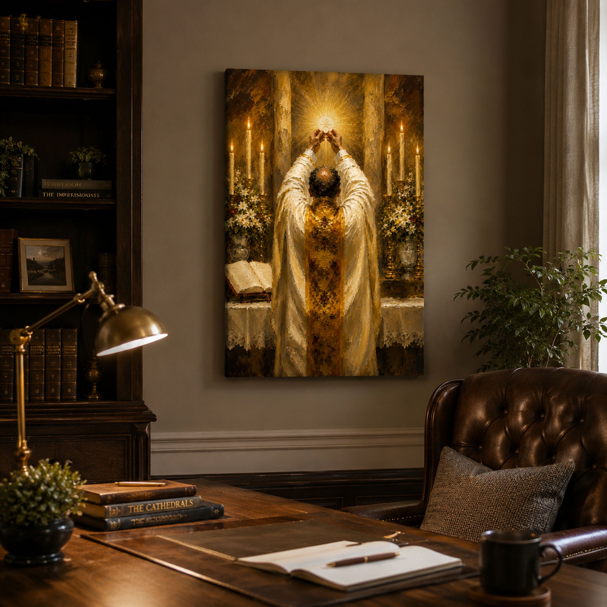 Holy Eucharist Canvas Print, Catholic Mass Wall Art, Priest Elevating the Host Faith Home Decor Gift