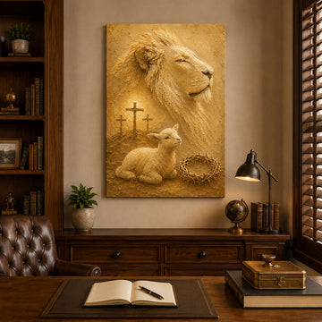 Lion of Judah and Lamb of God Canvas Print, Christian Cross Wall Art, Faith Home Decor Gift