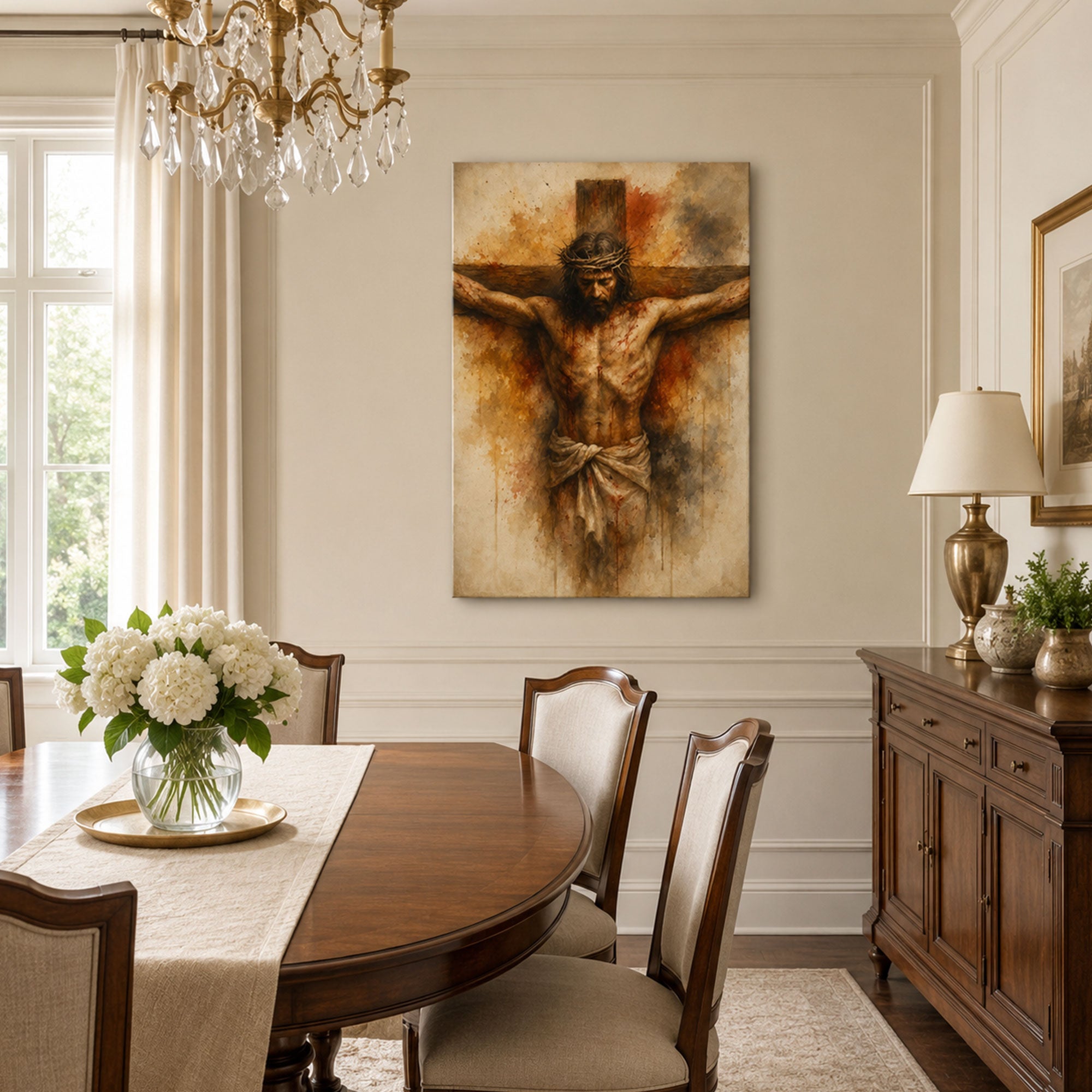 Jesus on the Cross Canvas Print, Crown of Thorns Catholic Wall Art, Passion of Christ Home Decor Gift