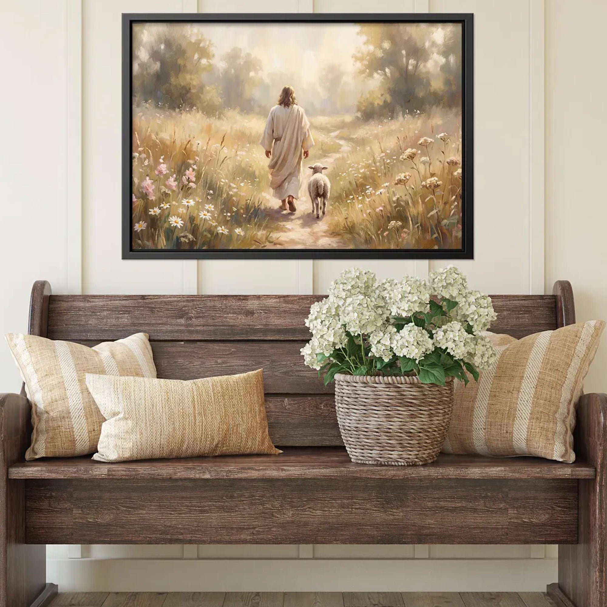 Jesus Walking with Lamb Canvas Print, Good Shepherd Christian Wall Art, Religious Home Decor