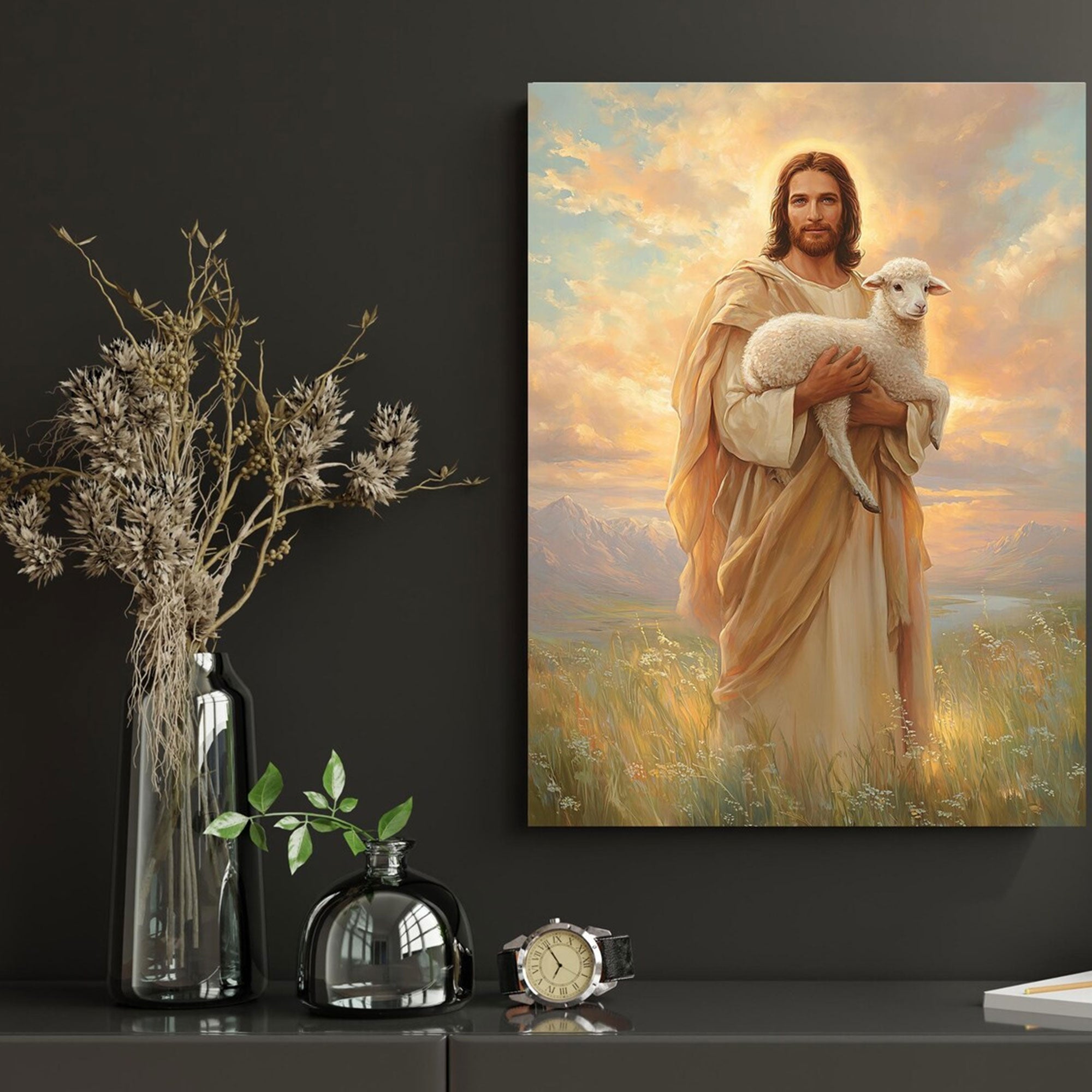 Good Shepherd Jesus Canvas Wall Art, Christ Carrying Lamb at Sunset, Christian Faith Decor, Inspirational Religious Artwork