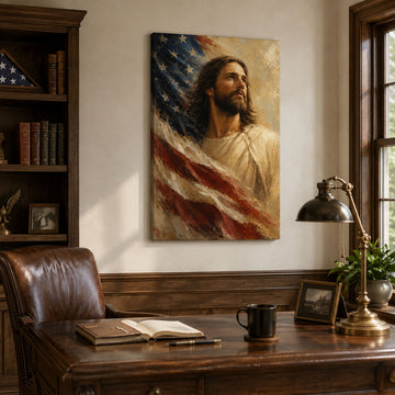Jesus with American Flag Canvas Print, Christian Patriotic Wall Art, Faith and Freedom Home Decor Gift