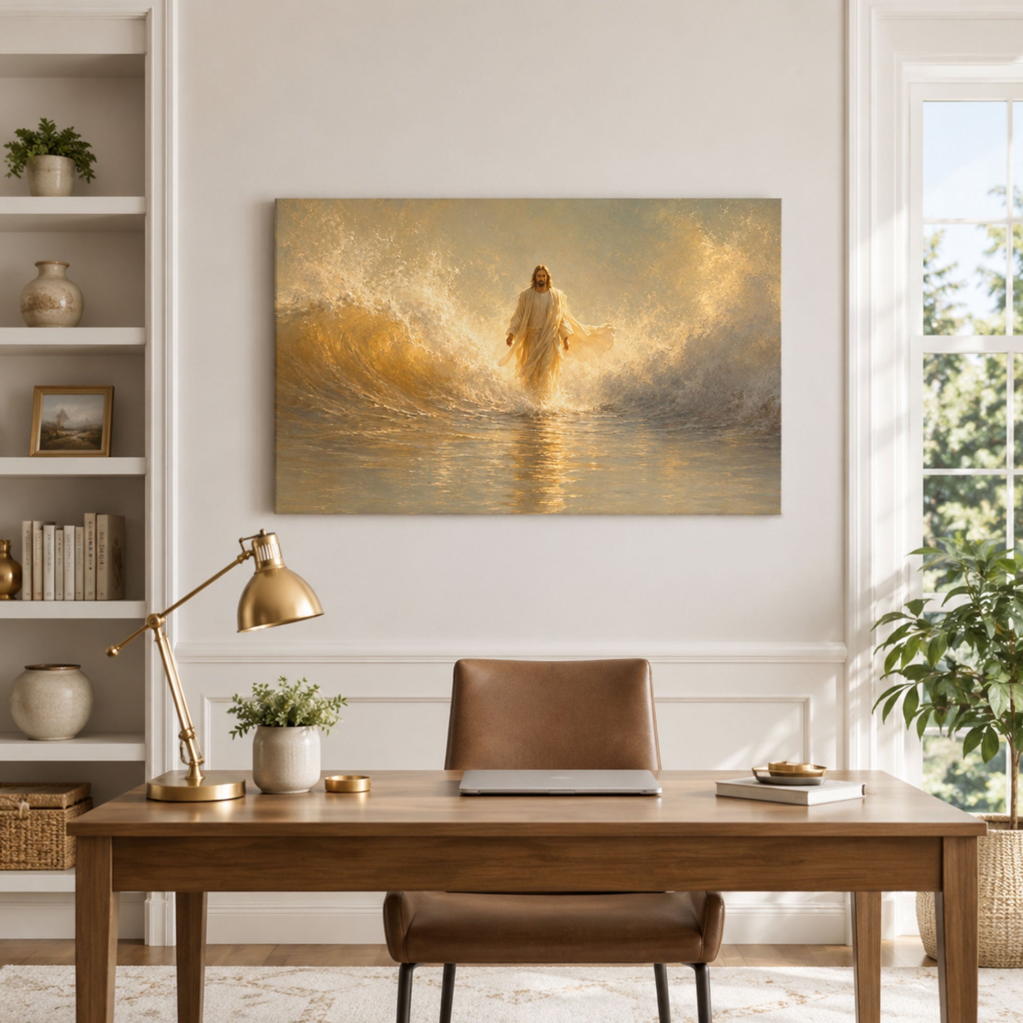 Jesus Walking on Water Canvas Print, Golden Sea Christian Wall Art, Light of Christ Faith Home Decor Gift
