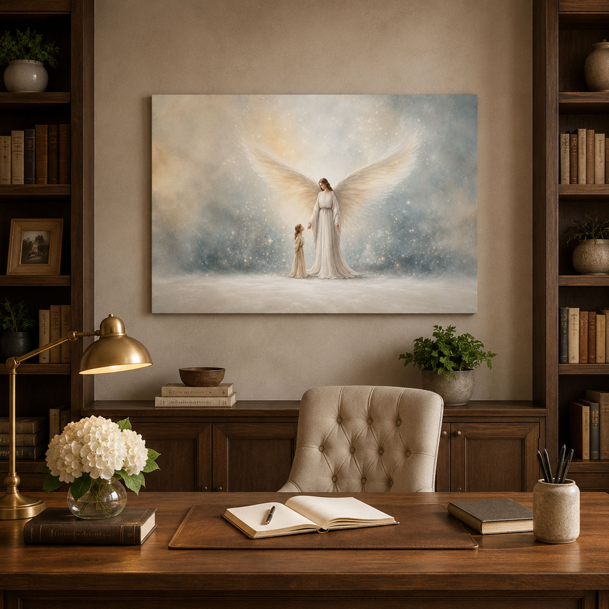 Guardian Angel with Child Panoramic Canvas Print, Christian Angel Wall Art, Faith Home Decor Gift