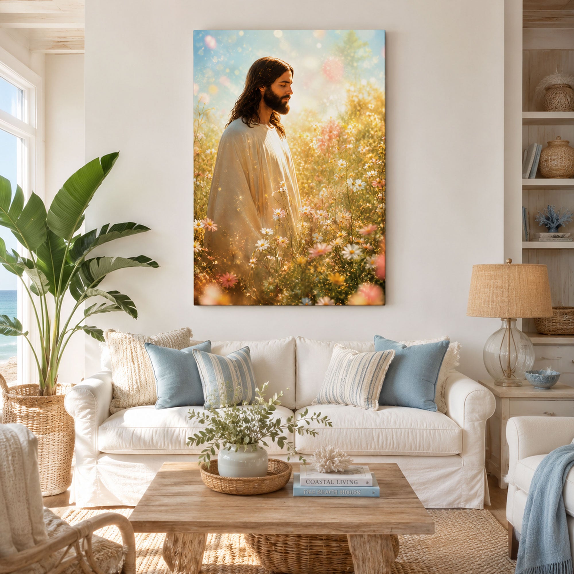 Jesus in Flower Field Canvas Print, Serene Christian Wall Decor, Inspirational Faith Artwork
