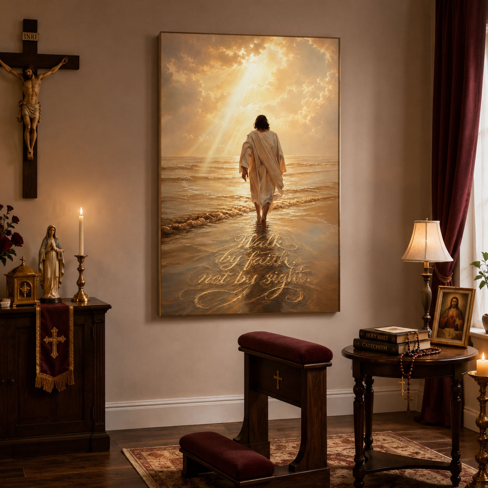 Walk by Faith, Not by Sight Canvas Wall Art, Jesus Walking on Water Christian Decor, Inspirational Scripture Faith Artwork