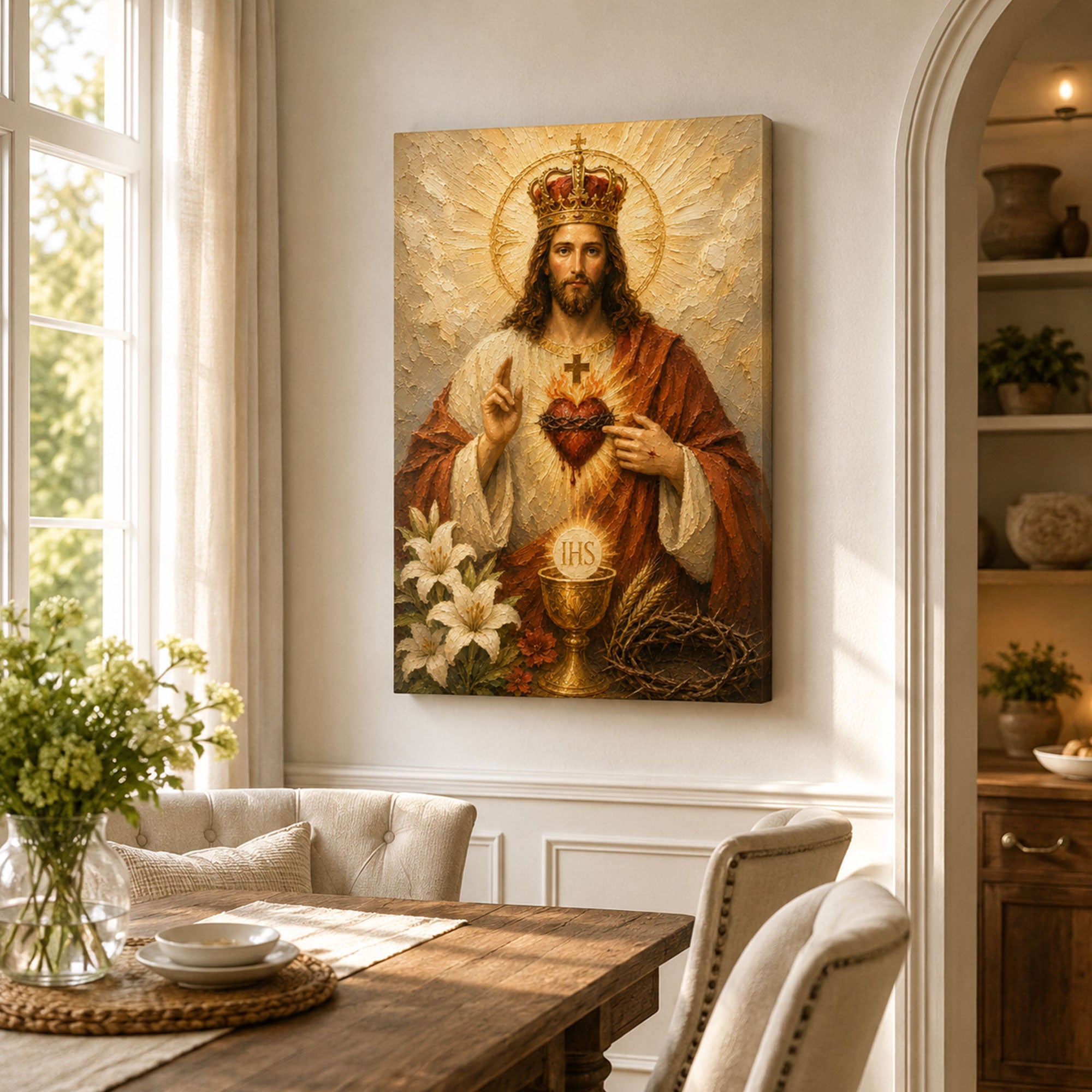 Christ the King Sacred Heart Canvas Print, Catholic Eucharist Wall Art, White and Gold Faith Home Decor Gift