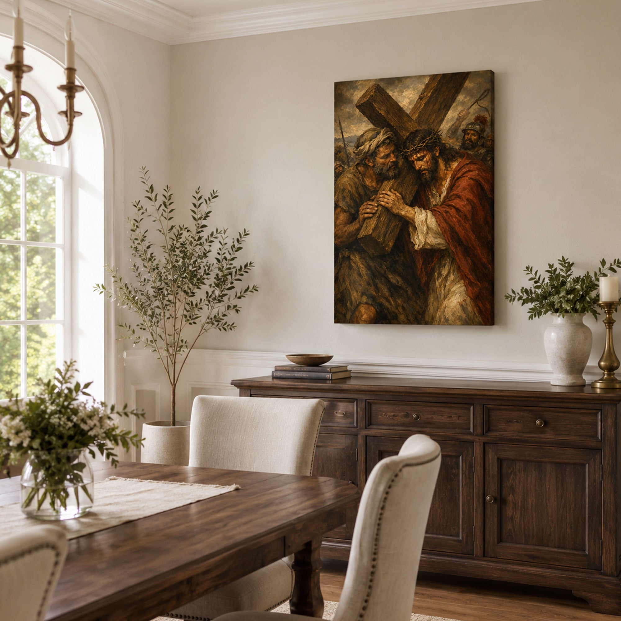 Jesus Carries the Cross Canvas Print, Simon of Cyrene Catholic Wall Art, Passion of Christ Home Decor Gift