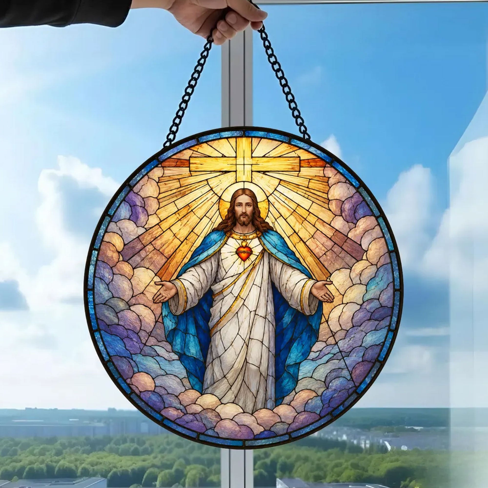 Sacred Heart of Jesus Stained Glass Suncatcher, Christian Window Hanging, Catholic Faith Decor
