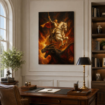 Saint George Firestorm Canvas Print, Fiery Catholic Warrior Art