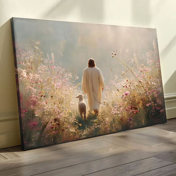 Jesus and Lamb Canvas Print, Peaceful Pastoral Wall Art, Christian Floral Field Decor, Religious Gift