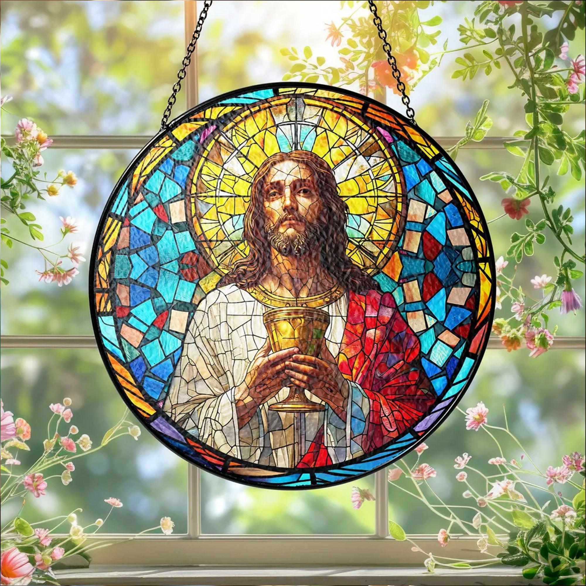Jesus Christ Stained Glass Suncatcher, Christian Window Hanging Decor, Religious Faith Gift, Spiritual Home Ornament