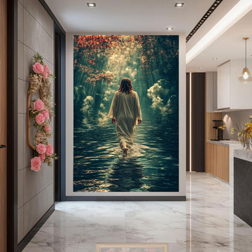 Jesus Walking on Water Canvas Print, Spiritual Christian Wall Art, Heavenly Light Faith Decor for Home