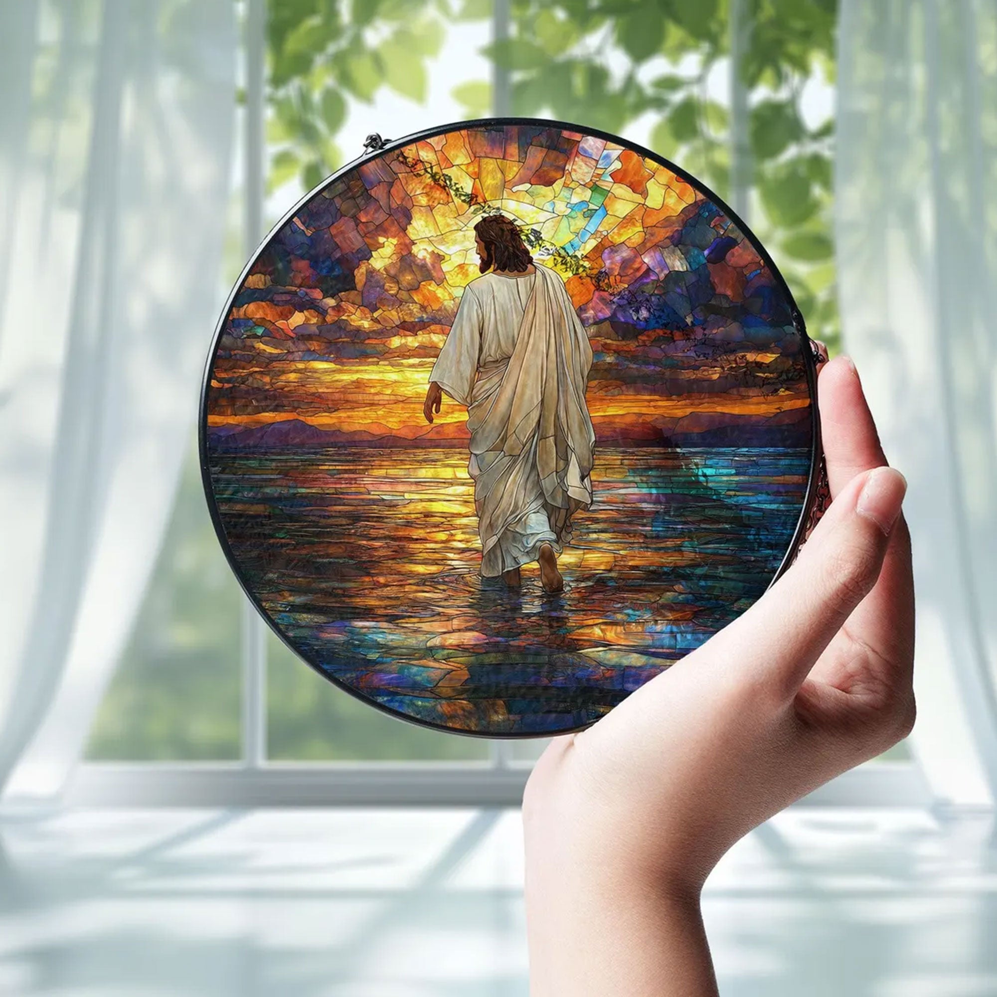Jesus Christ Stained Glass Suncatcher, Christian Window Hanging Decor, Religious Faith Gift, Spiritual Home Ornament