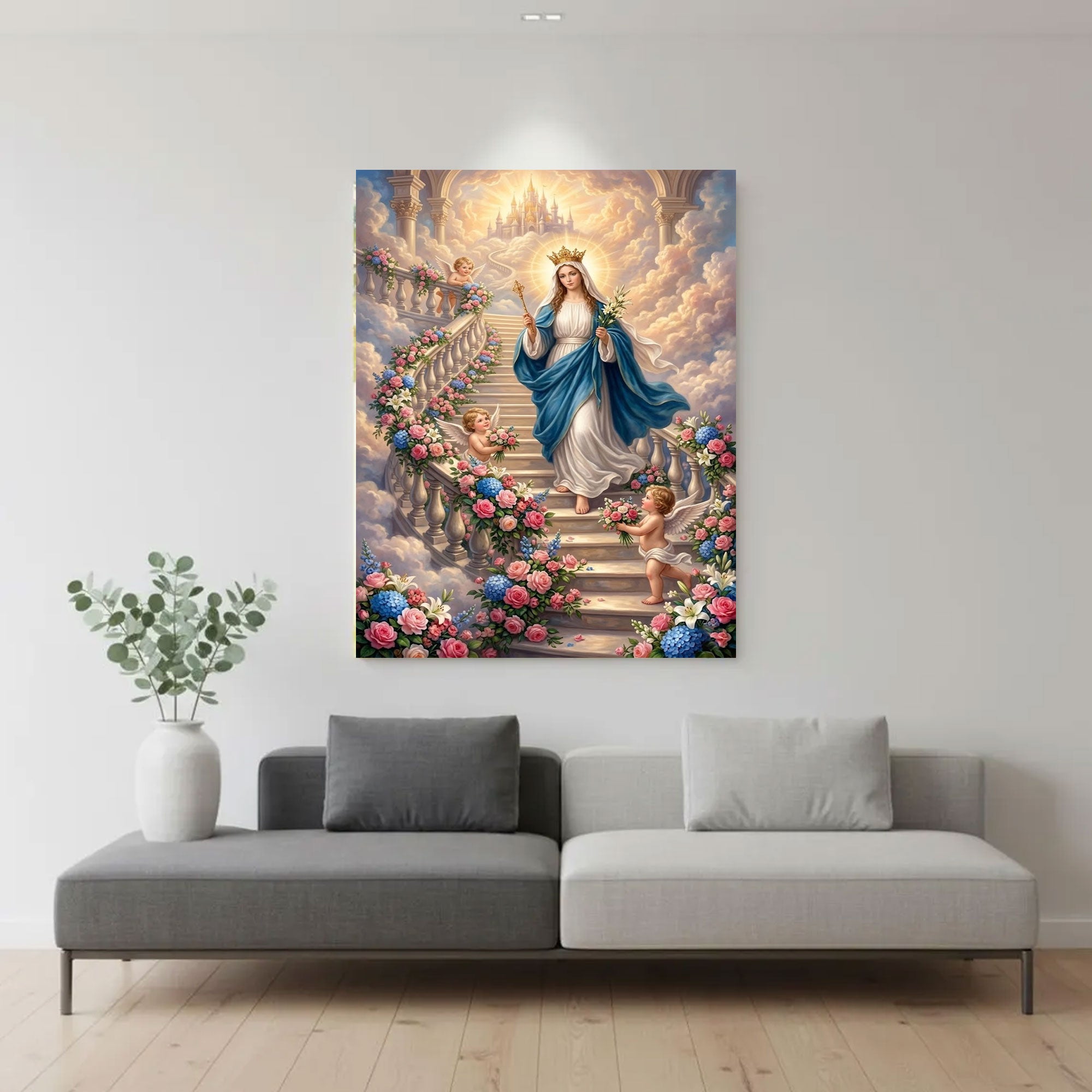 Queen of Heaven Virgin Mary Canvas Print, Catholic Madonna Crowned Wall Art, Heavenly Floral Garden Scene, Sacred Christian Decor, Inspirational Faith Gift
