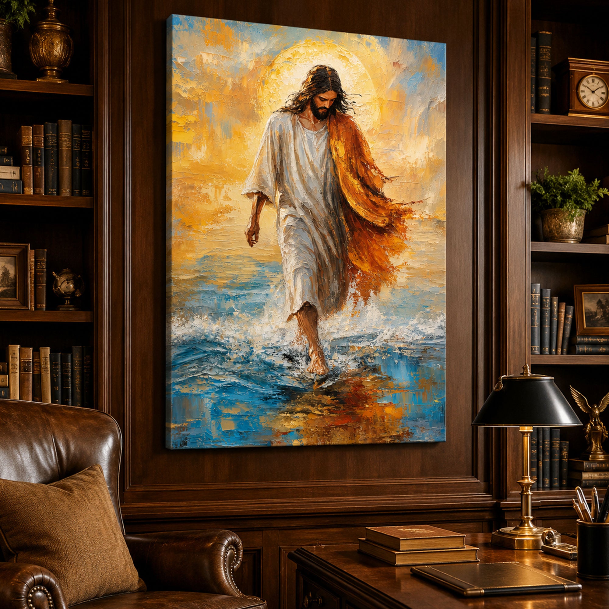 Jesus Walking on Water Canvas Print, Modern Impasto Christian Wall Art, Inspirational Faith Home Decor