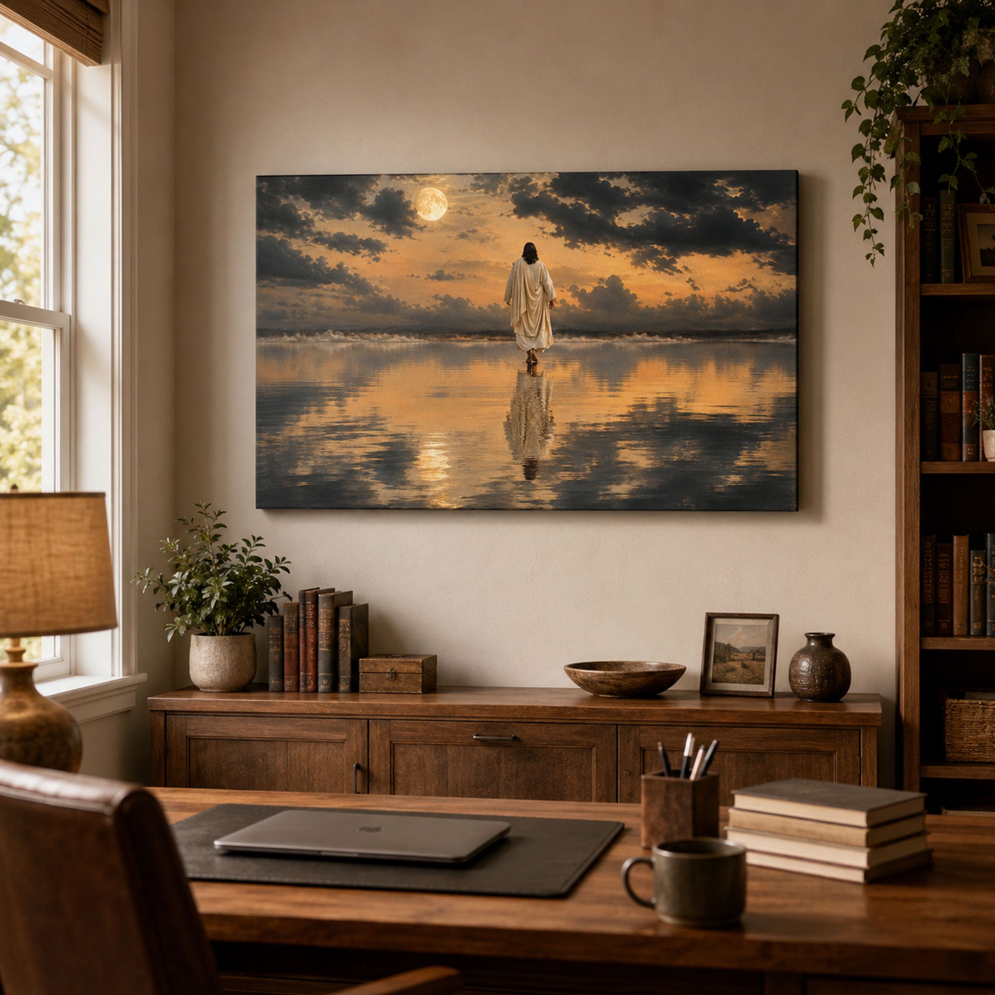 Jesus Walking on Water Panoramic Canvas Print, Christian Ocean Wall Art, Faith Home Decor Gift
