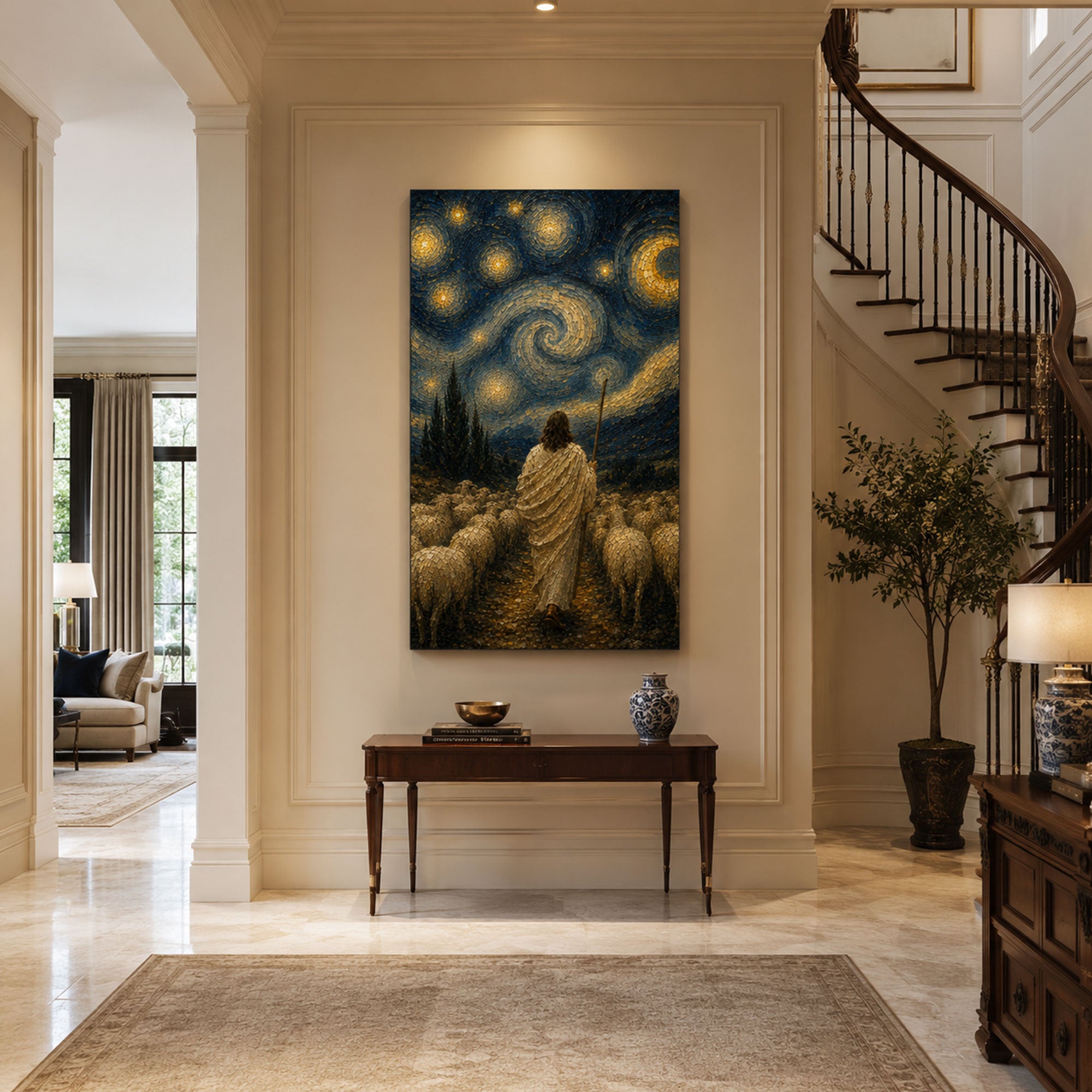 Good Shepherd Starry Night Canvas Print, Jesus with Sheep Christian Wall Art, Faith Home Decor Gift