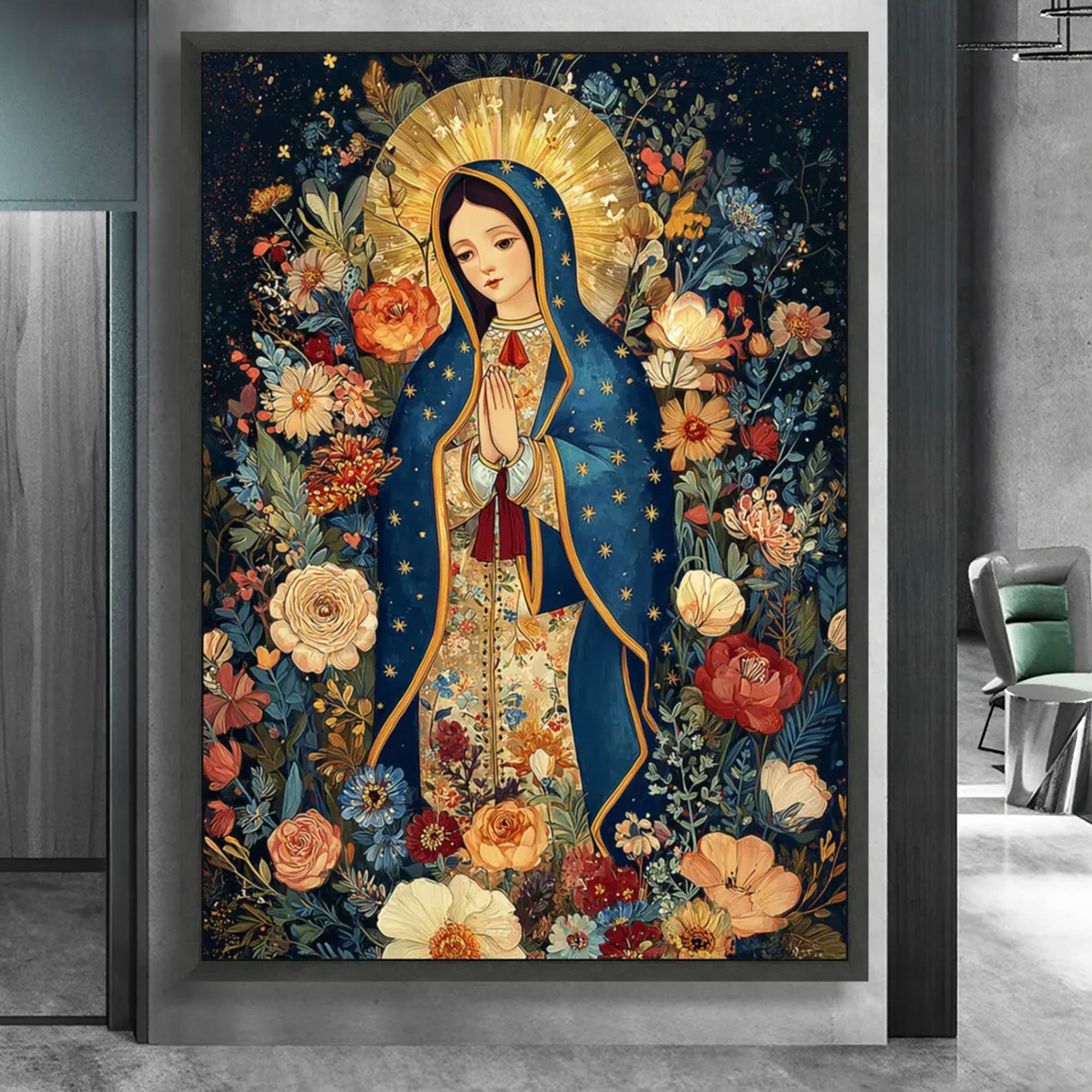 Our Lady of Guadalupe Canvas Print, Floral Virgin Mary Wall Art, Catholic Religious Decor, Devotional Christian Artwork, Prayerful Faith Gift for Home