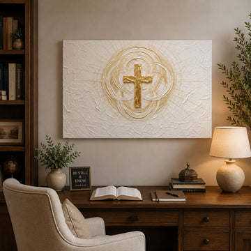 Gold Cross Panoramic Canvas Print, White Minimalist Christian Wall Art, Faith Home Decor Gift