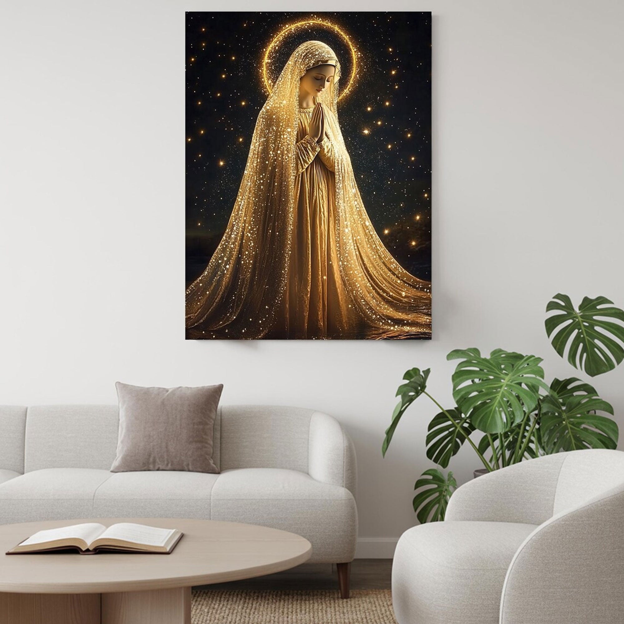 Golden Virgin Mary Canvas Print, Radiant Madonna Wall Art, Catholic Religious Decor, Blessed Mother Faith Artwork