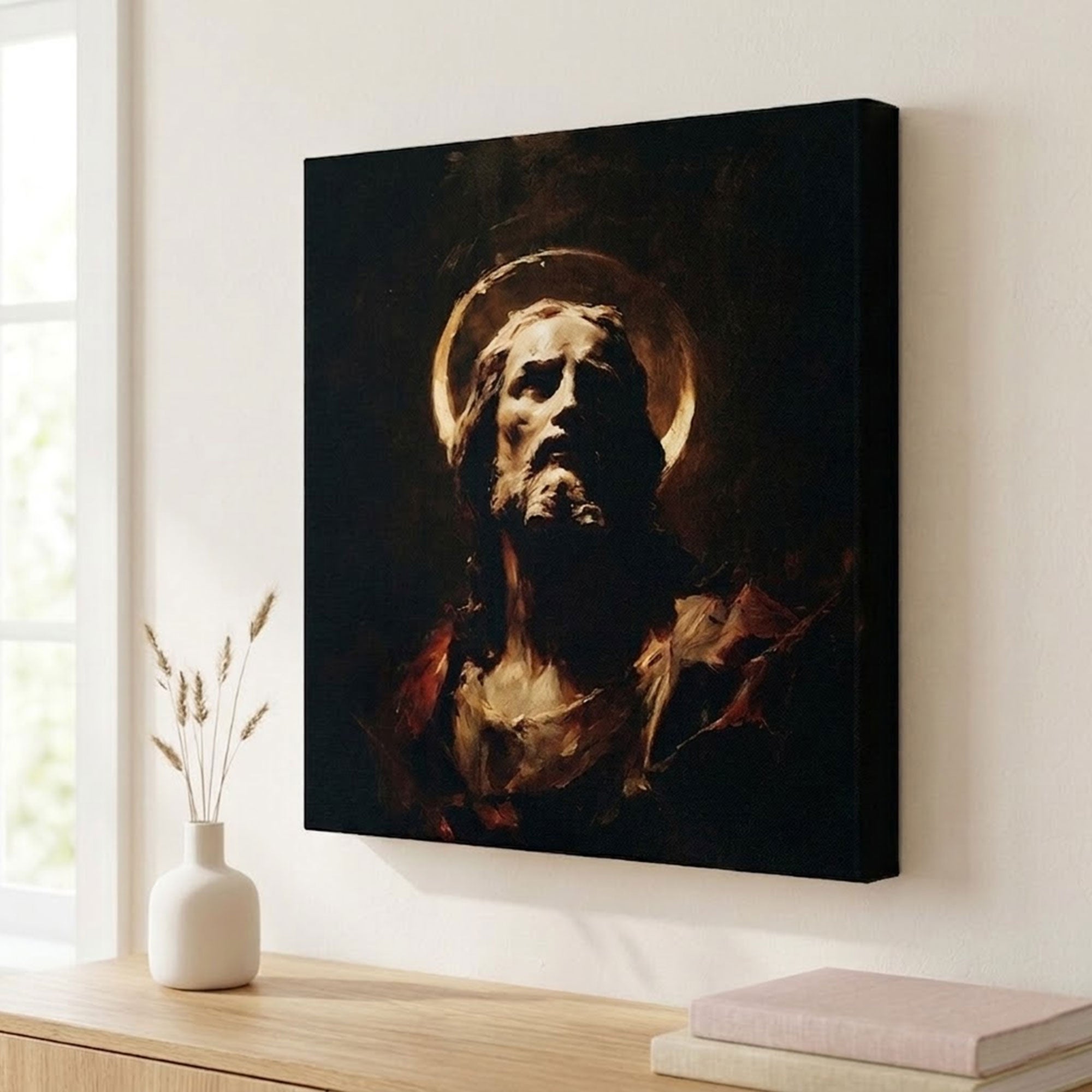 Dark Jesus Portrait Canvas Print, Sacred Christian Wall Art, Dramatic Faith Decor, Spiritual Light Artwork