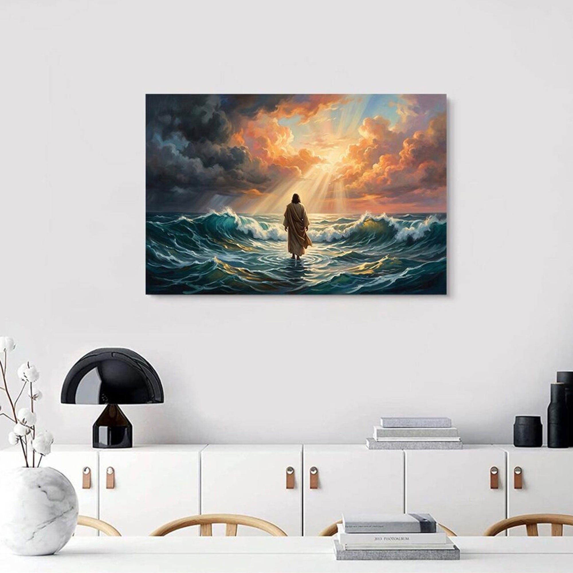 Jesus Walking on Water Canvas Wall Art, Christian Faith Ocean Miracle Decor, Inspirational Religious Artwork