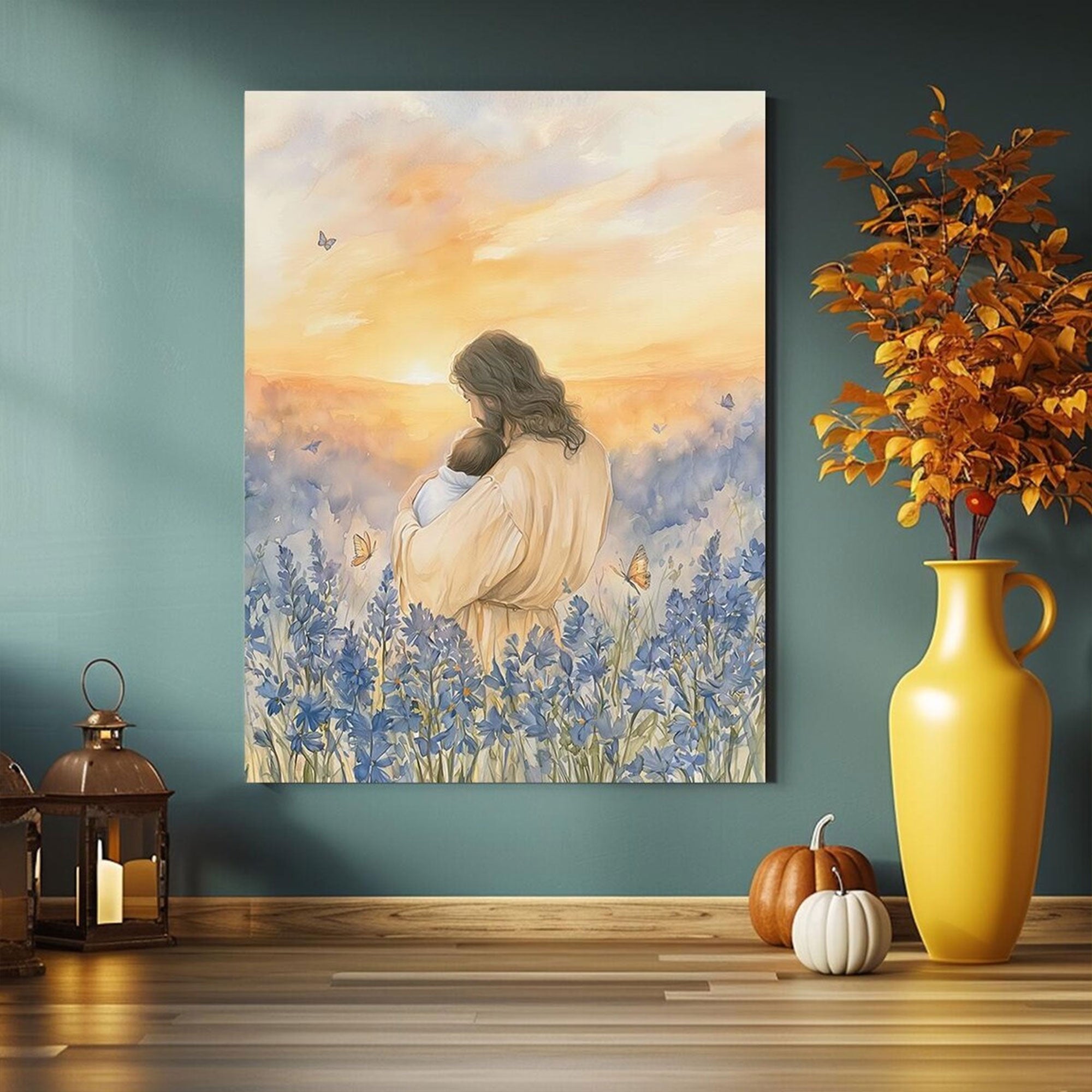 Jesus Holding Baby Among Blue Flowers Canvas, Christian Comfort Wall Art, Peaceful Faith Painting, Gentle Memorial Gift