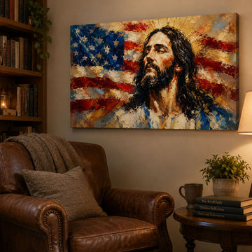 Jesus with American Flag Canvas Print, Patriotic Christian Wall Art, Faith and Freedom Home Decor