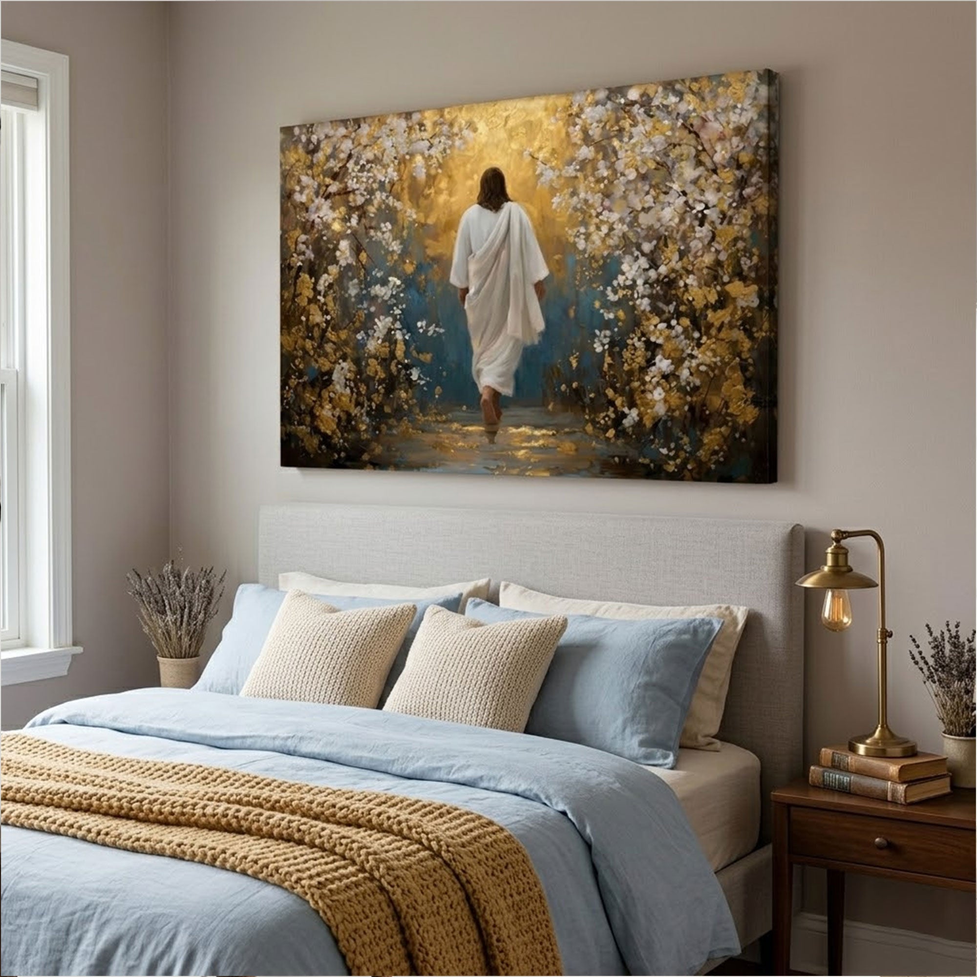 Walking Into His Peace Canvas Print, Jesus in the Garden Christian Wall Art, Warm Golden Faith Decor