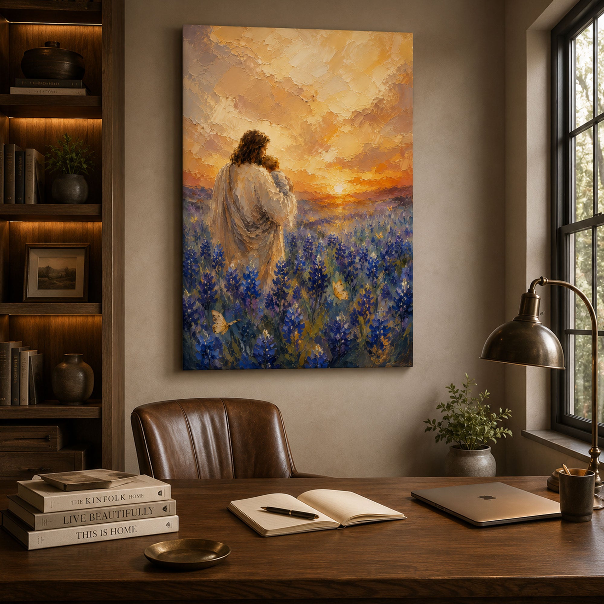 Jesus Holding Child Canvas Print, Peaceful Christian Wall Art, Wildflower Meadow Faith Home Decor