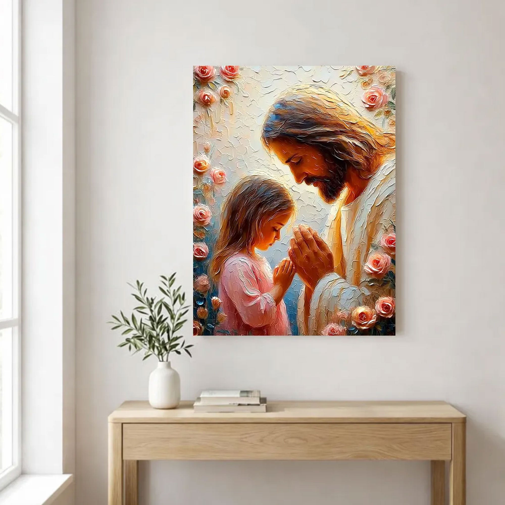 Jesus and Little Girl Praying Canvas Print Christian Daughter Wall Art Faith and Prayer Home Decor