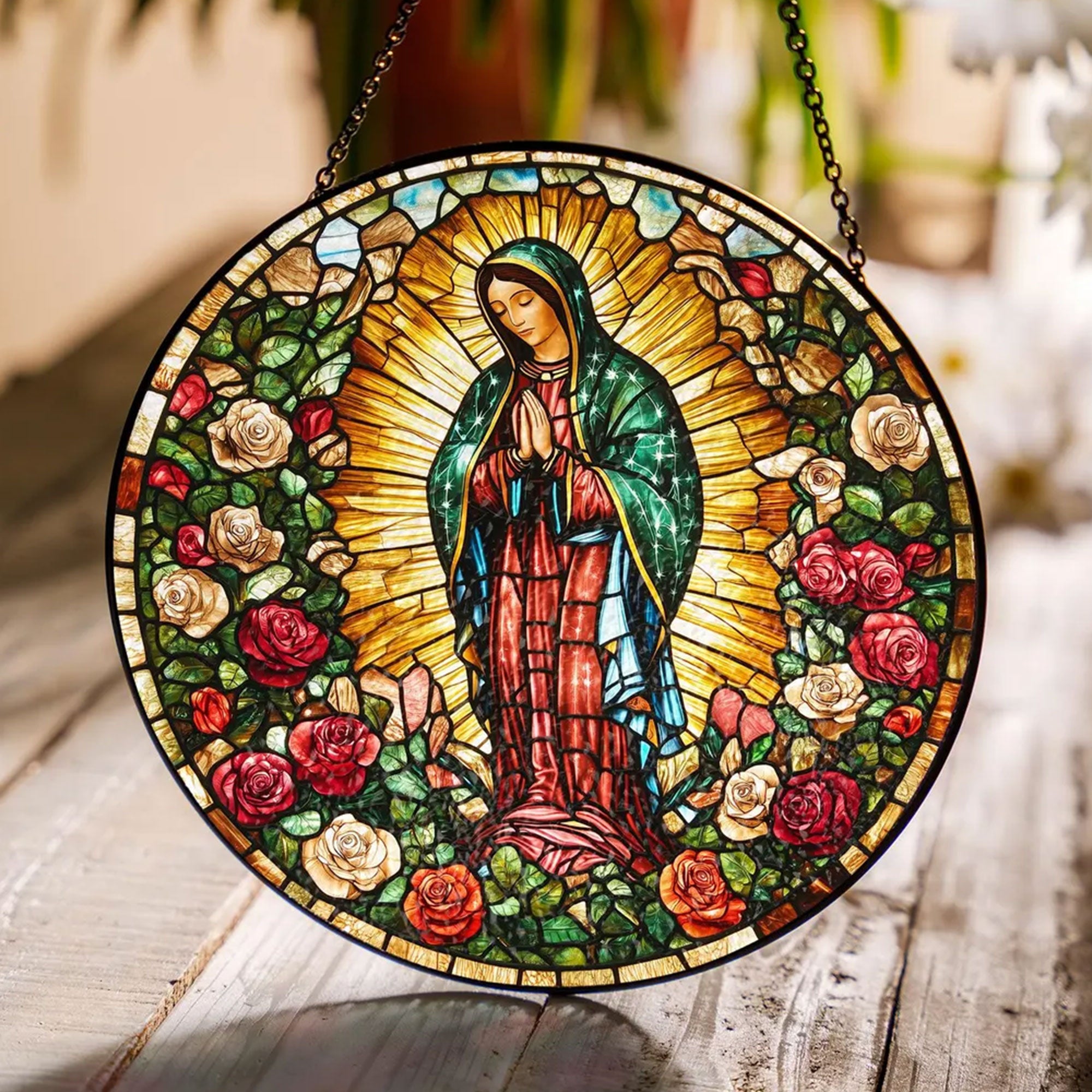 Our Lady of Guadalupe Stained Glass Suncatcher, Virgin Mary Catholic Window Hanging, Religious Faith Gift, Christian Home Decor
