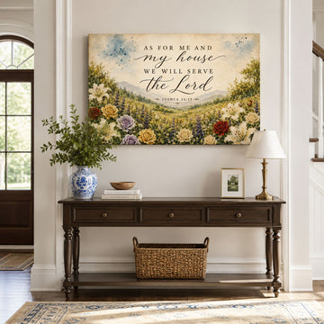 Joshua 24:15 Canvas Print, As for Me and My House Christian Scripture Wall Art, Floral Faith Home Decor Gift