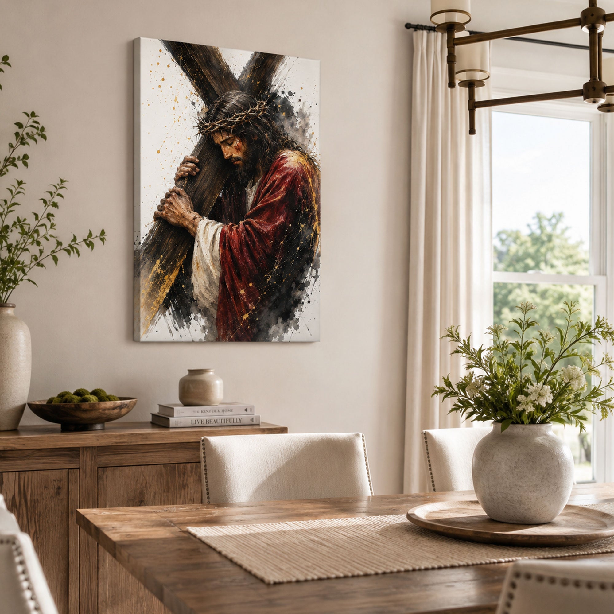 Jesus Carrying the Cross Canvas Print, Crown of Thorns Christian Wall Decor, Catholic Faith Gift